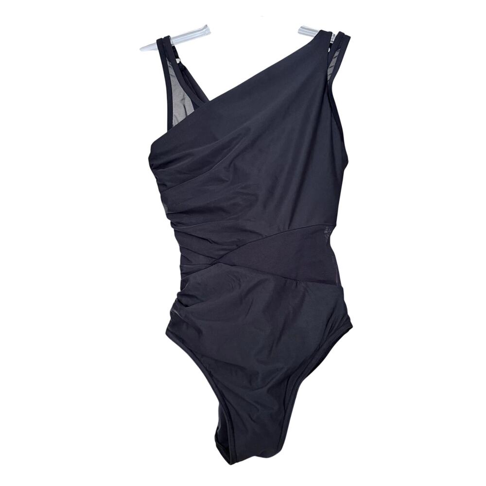 NWOT Miraclesuit Azura One Shoulder Black Slimming Swimsuit Size 8 Ruched Mesh